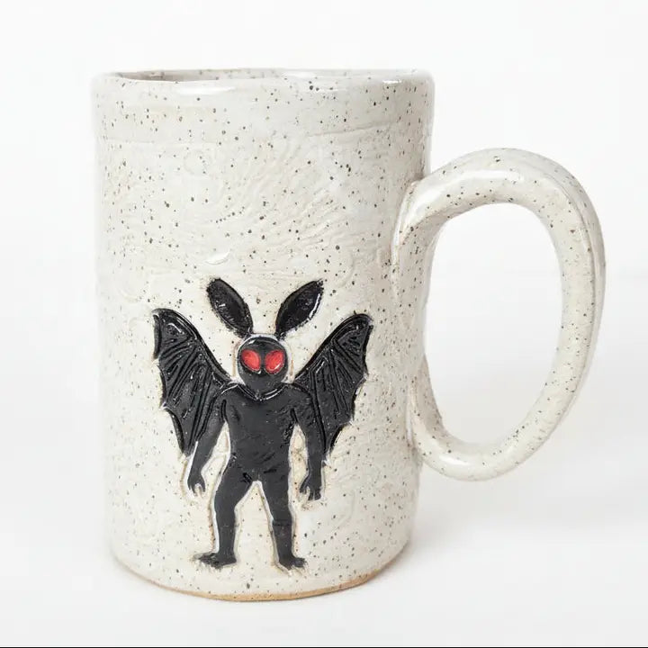Mothman on White 14oz Stoneware Handmade Mug – White Squirrel